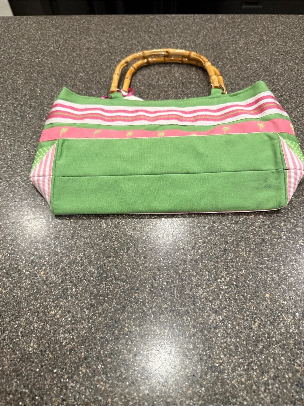 Striped Pink and Green Ribbon Clutch Bag with Bamboo Handles